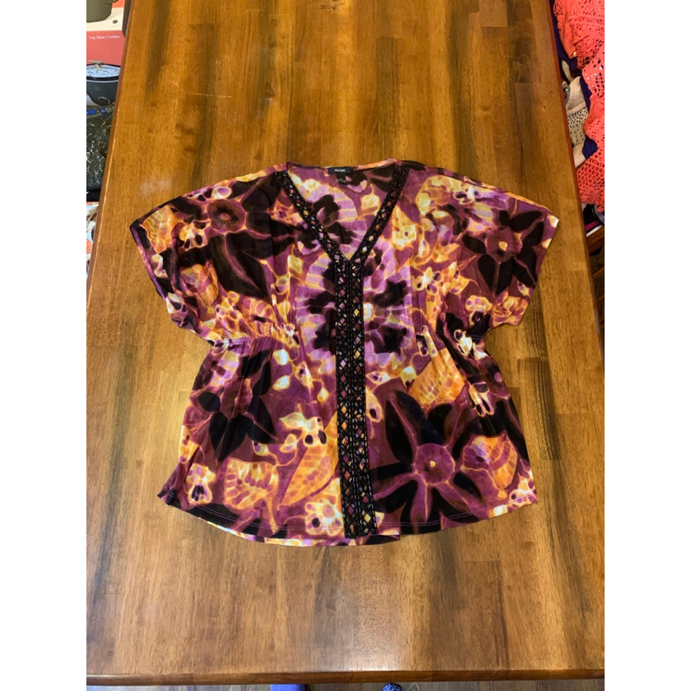 Alfani Blouse Large Purple Black Golden Yellow Embroidered Bead Embellishment